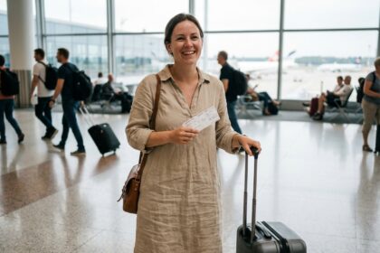 Femme souriante en voyage avec valise à l'aéroport