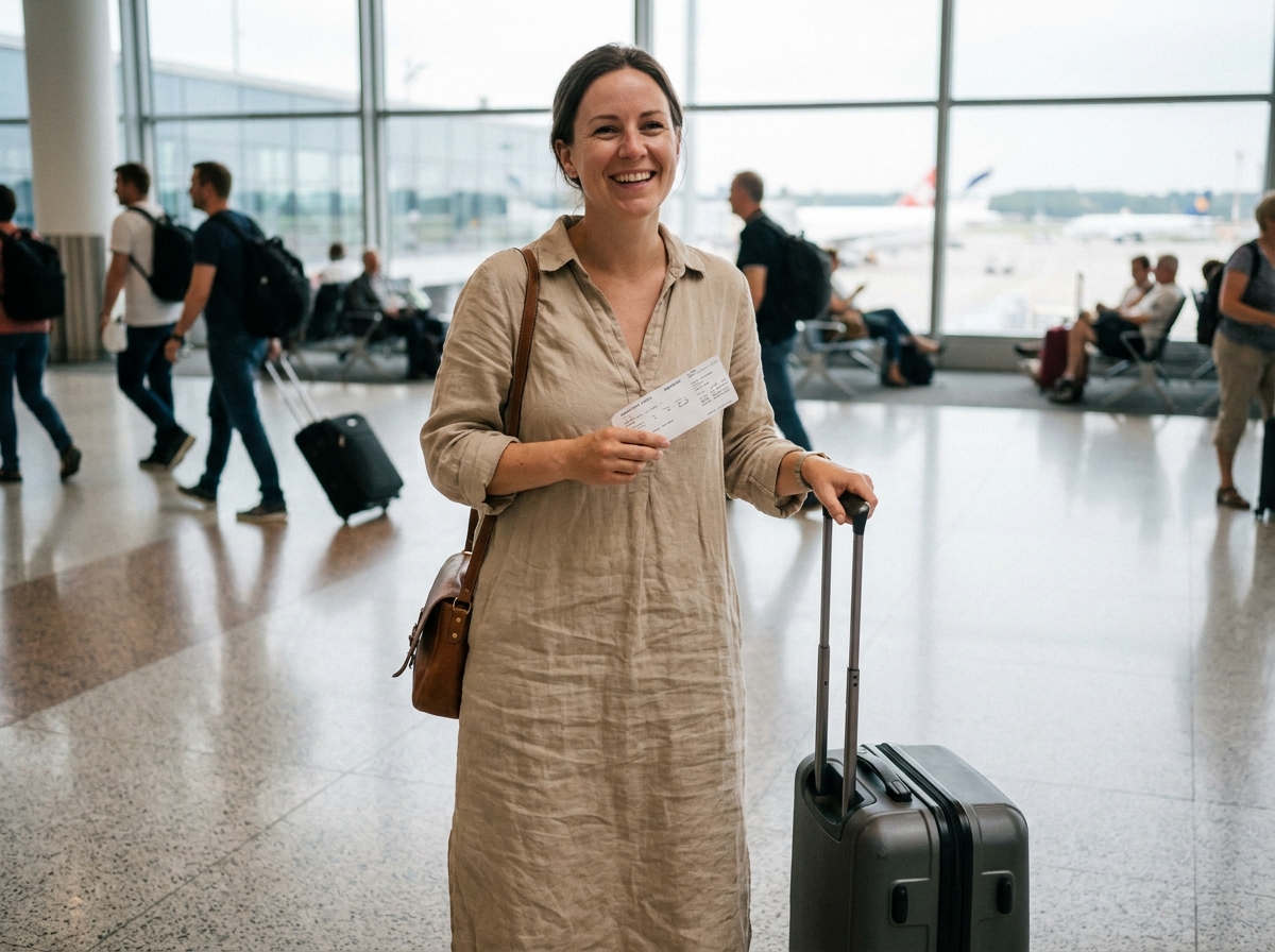 Femme souriante en voyage avec valise à l'aéroport