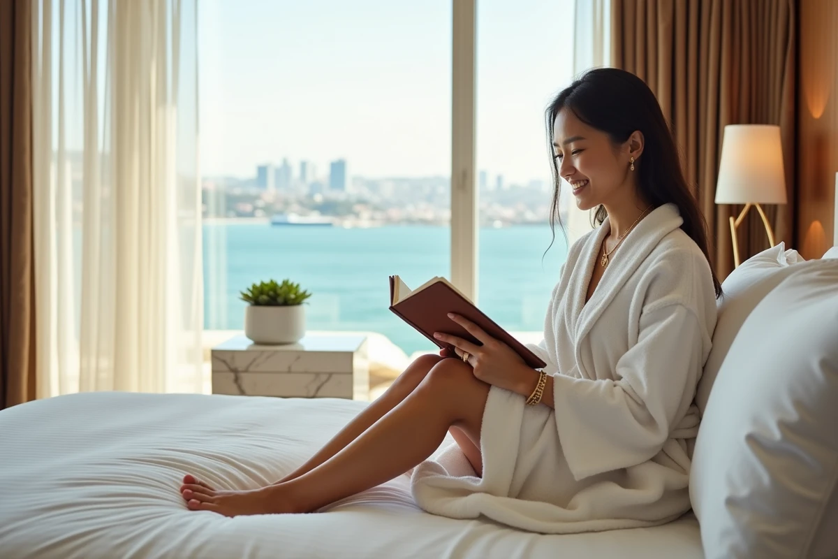 Femme en peignoir dans une suite de luxe d'hôtel 5 étoiles planifiant son voyage de noces