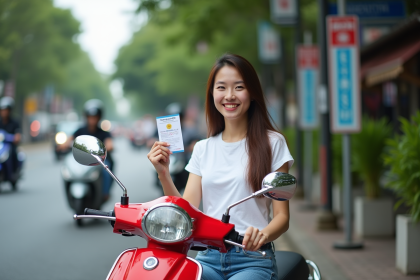Femme thaïlandaise souriante avec permis scooter en ville