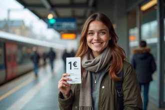 Jeune femme souriante avec billet de train à Paris