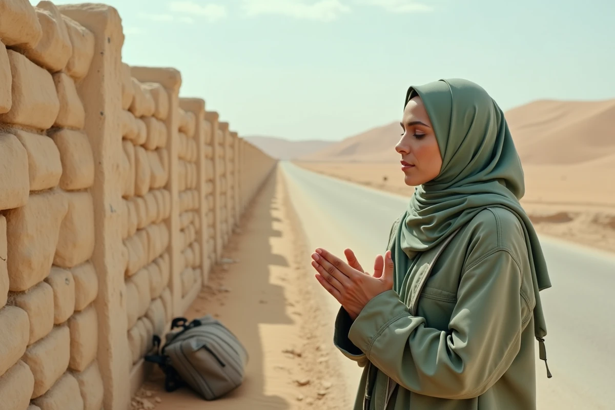 Femme voyageuse en hijab vert faisant une duaa au bord d'une route désertique, mains levées en supplication sincère