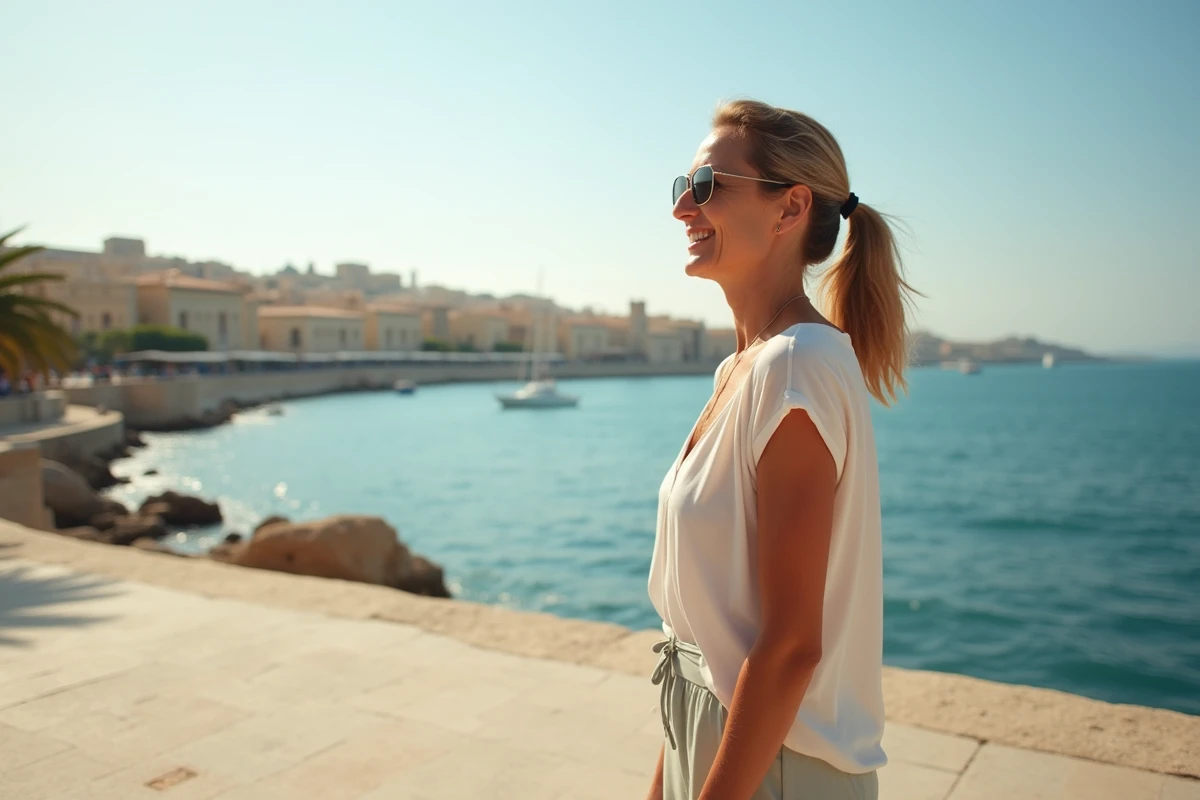 Femme regardant la mer à Valletta en été