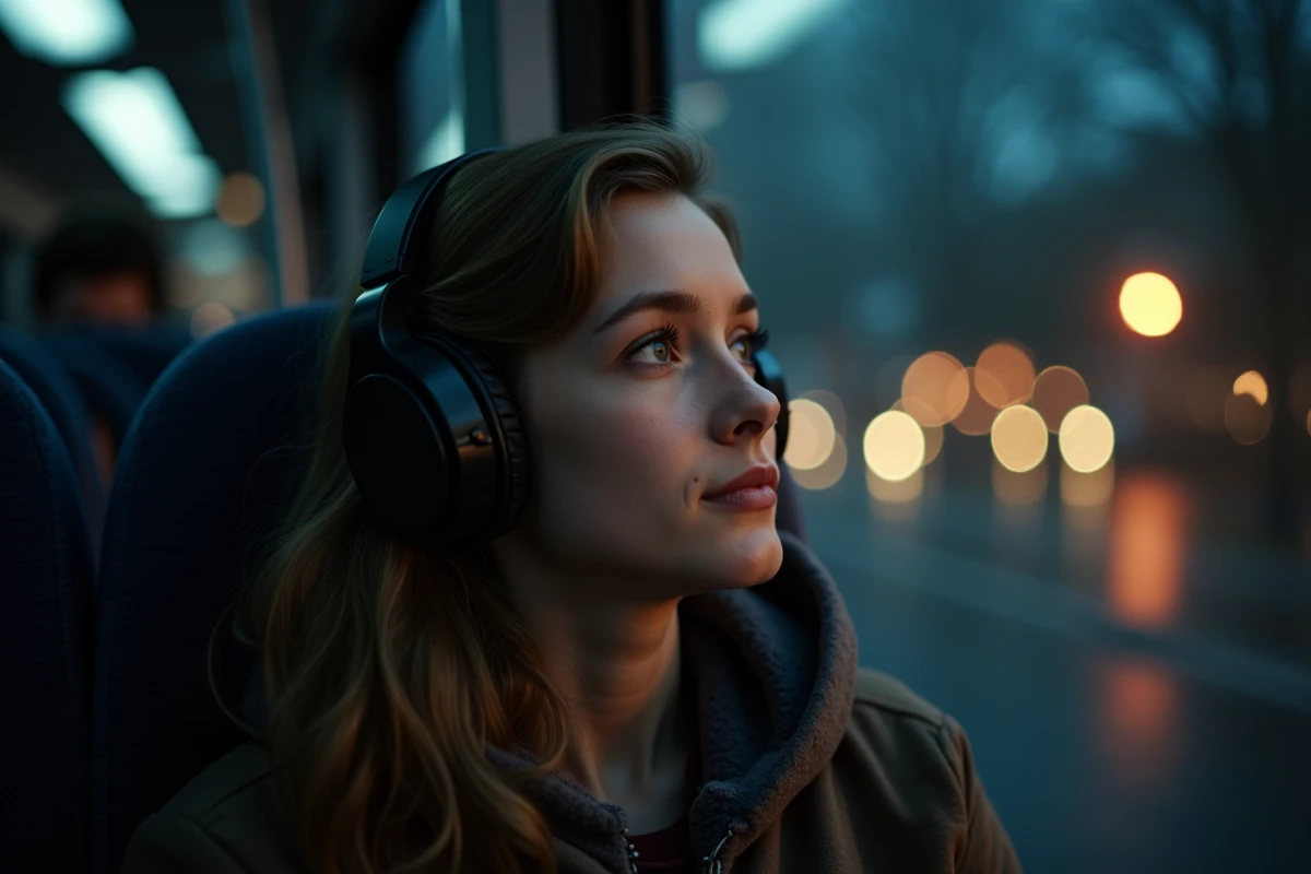 Jeune femme avec casque dans un bus de nuit