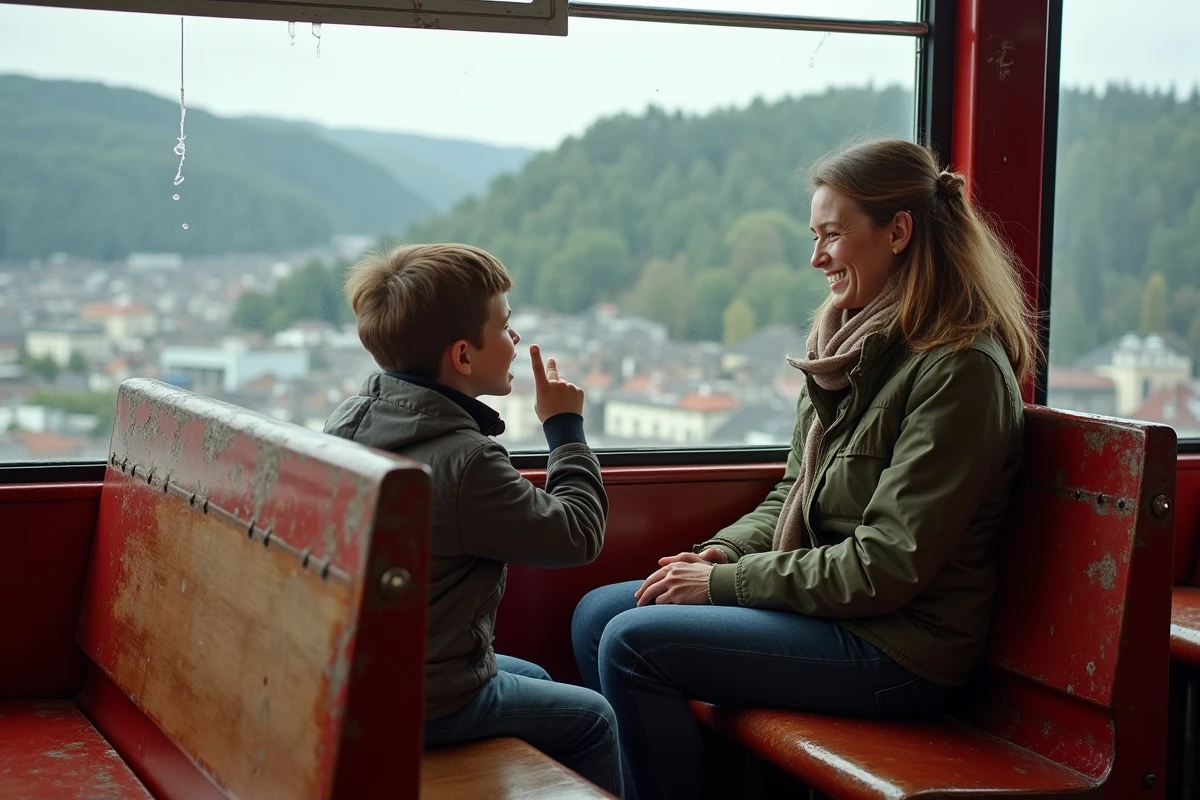 Mère et enfant dans le funiculaire Fløibanen avec vue sur Bergen en contrebas