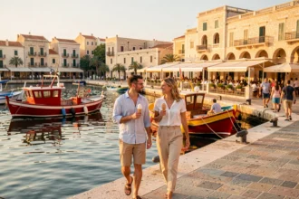 Couple se promenant le long du front de mer de Spinola Bay à Saint-Julien, Malte, avec des bateaux traditionnels luzzu colorés amarrés dans le port