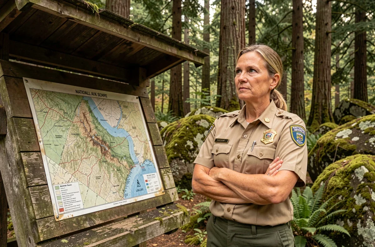 Garde forestière du Service des parcs nationaux américains en uniforme devant une carte topographique dans une forêt de sapins Douglas