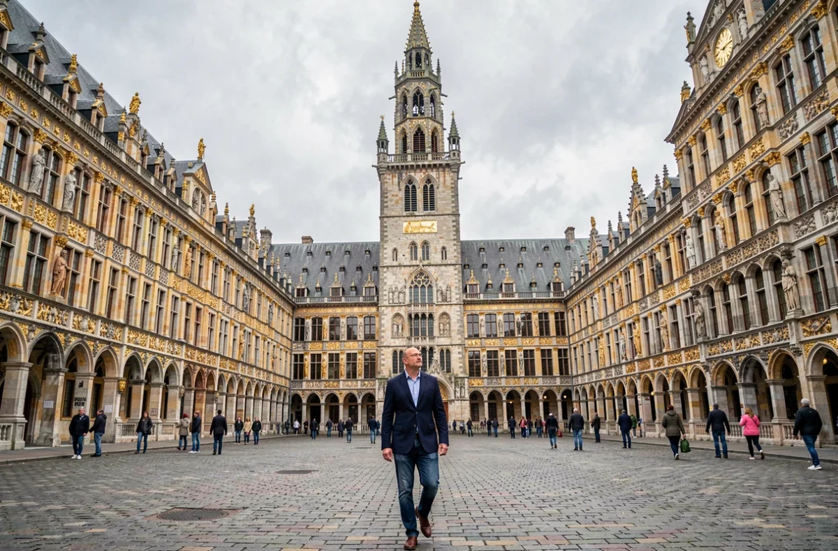 Touriste se promenant sur la Grand-Place de Bruxelles entouré des maisons de corporations dorées