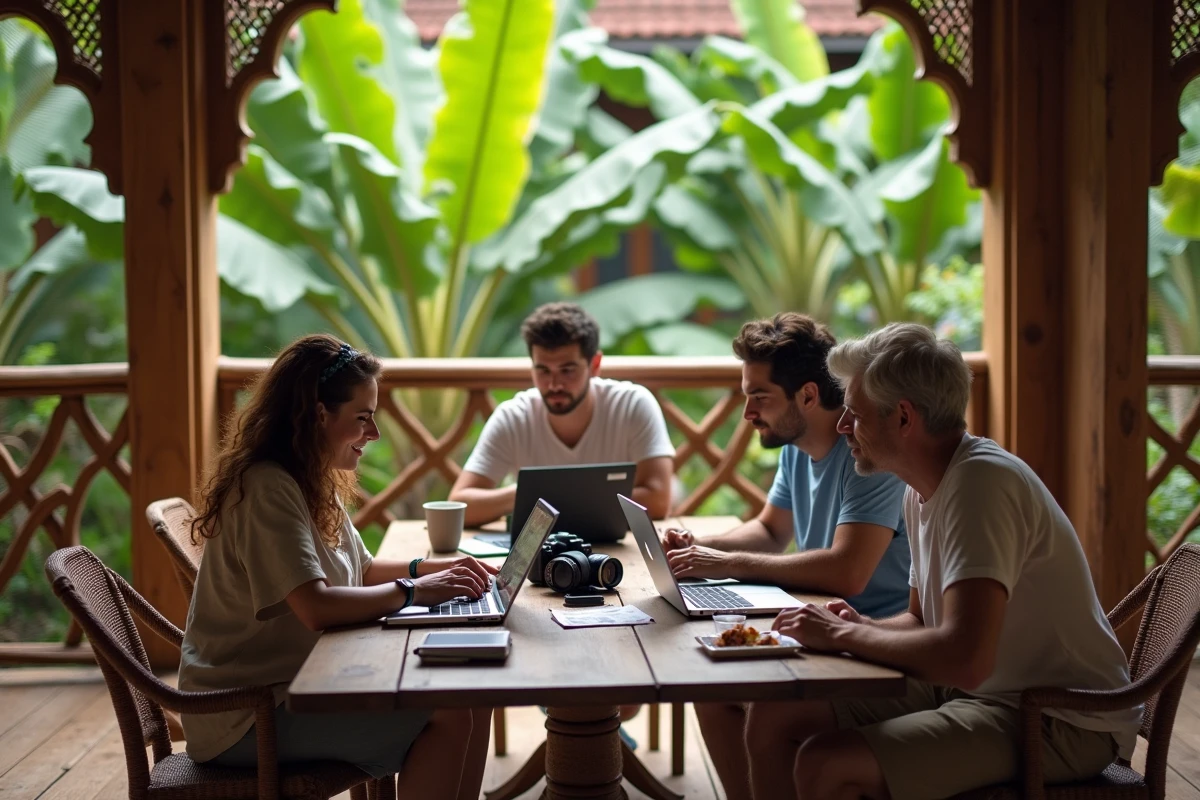 Groupe de voyageurs-photographes partageant leurs retours d'expérience Aguila autour d'une table sur une terrasse tropicale