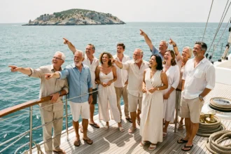 Groupe de voyageurs adultes sur le pont d'un voilier de luxe en Méditerranée pour une croisière