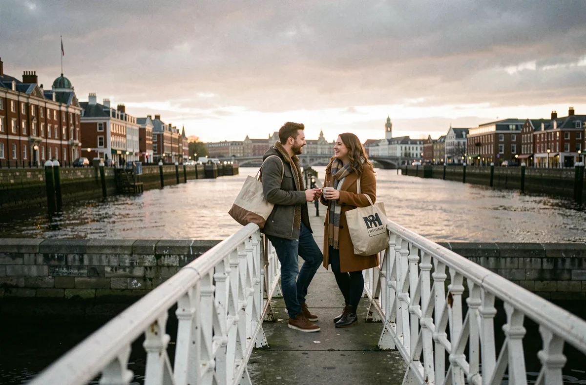 Deux amis en conversation sur le Ha'penny Bridge à Dublin au crépuscule avec le reflet de la Liffey et les quais historiques en arrière-plan