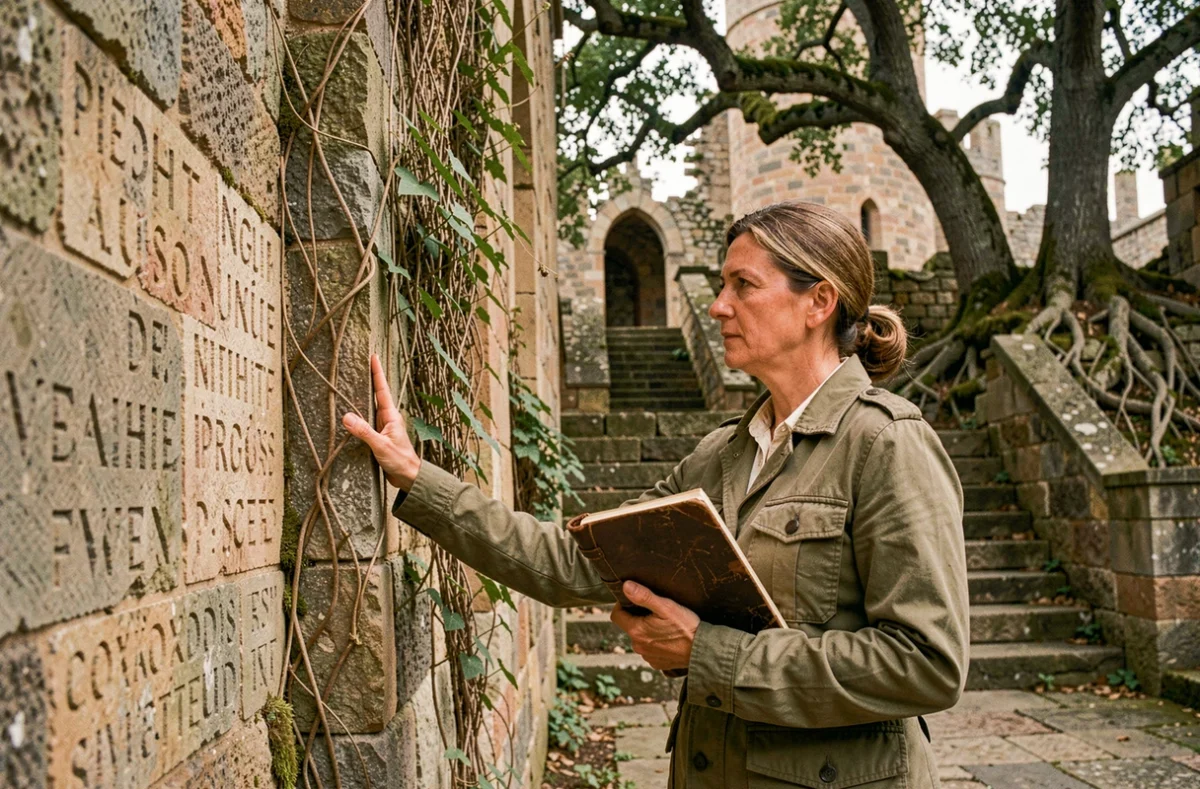 Historienne examinant des inscriptions sur la tour médiévale du Château de Requesens, carnet de notes à la main dans une cour en ruines envahie par la végétation