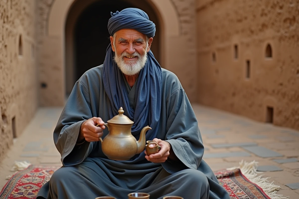Homme berbere âgé offrant un thé dans la cour