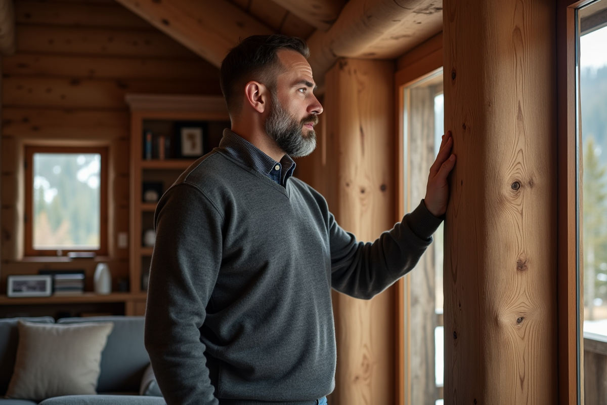Homme d'âge moyen touchant un bois de chalet alpin