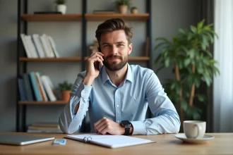 Homme d'affaires au bureau moderne avec smartphone et carnet
