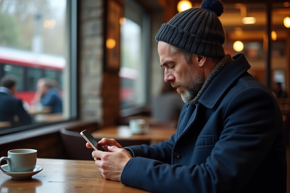 Homme dans un café naviguant sur site de train