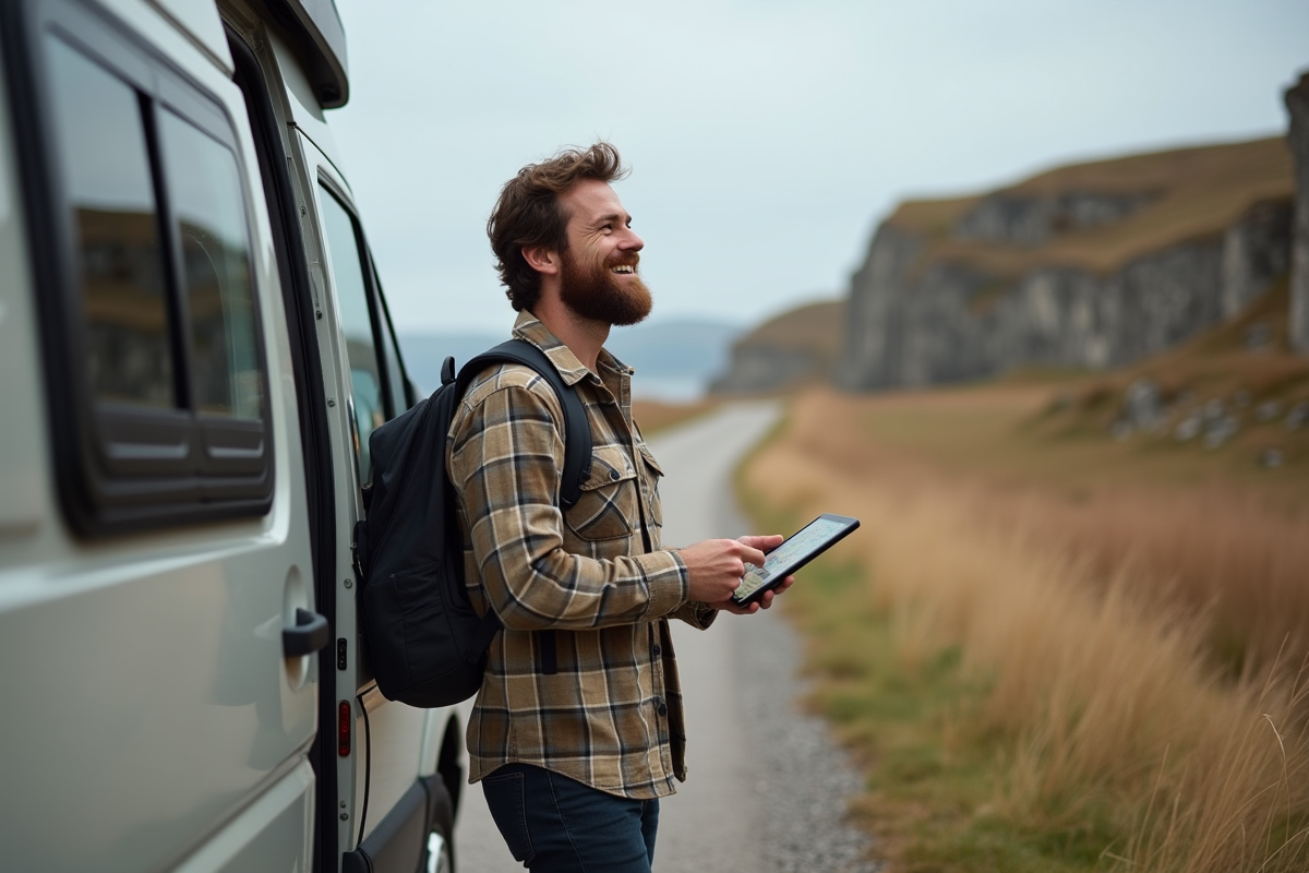 Homme avec tablette près de campervan en nature