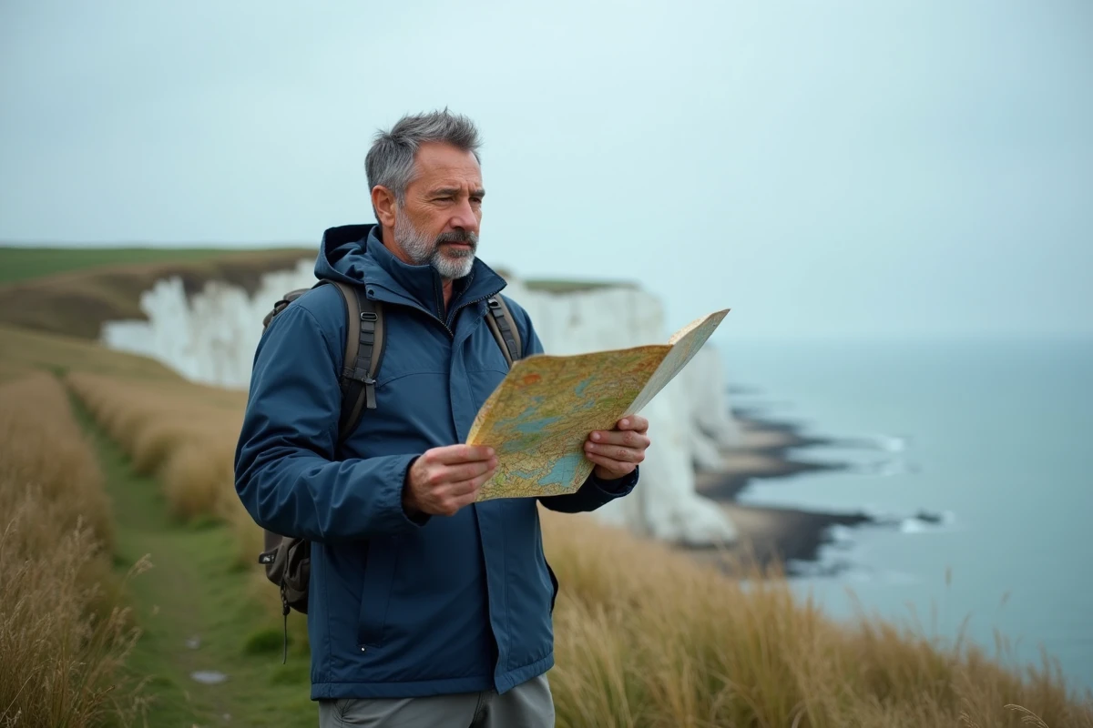 Homme lisant une carte de Normandie au sommet des falaises côtières face à la Manche