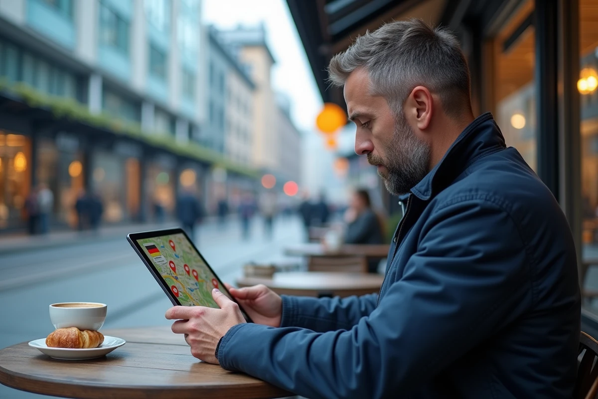Homme consultant une carte numérique de l'Allemagne avec les villes marquées sur tablette dans un café en terrasse moderne