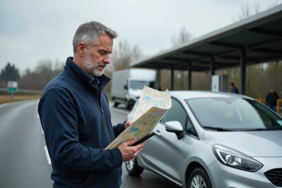 Homme comparant carte routière et application mobile pour choisir entre autoroute et nationale lors d'une pause sur aire d'autoroute