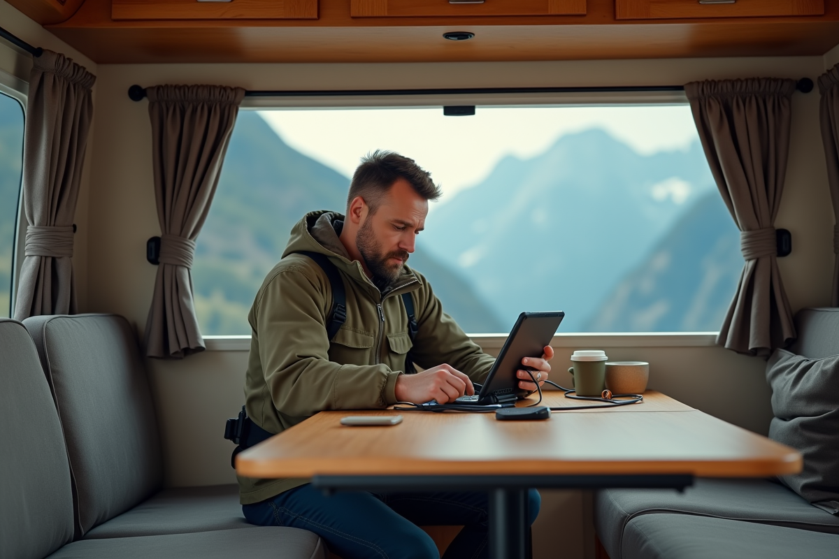 Homme en randonnée chargeant sa tablette dans le van