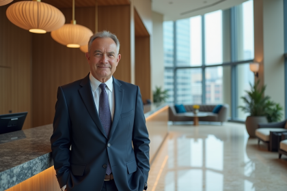 Homme en costume navy à la réception d'hôtel moderne