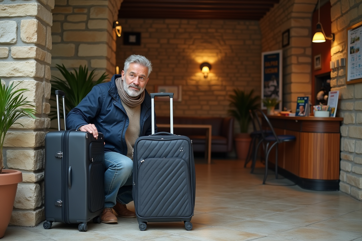 Homme vérifiant sa liste de voyage près de sa valise dans un hall rustique