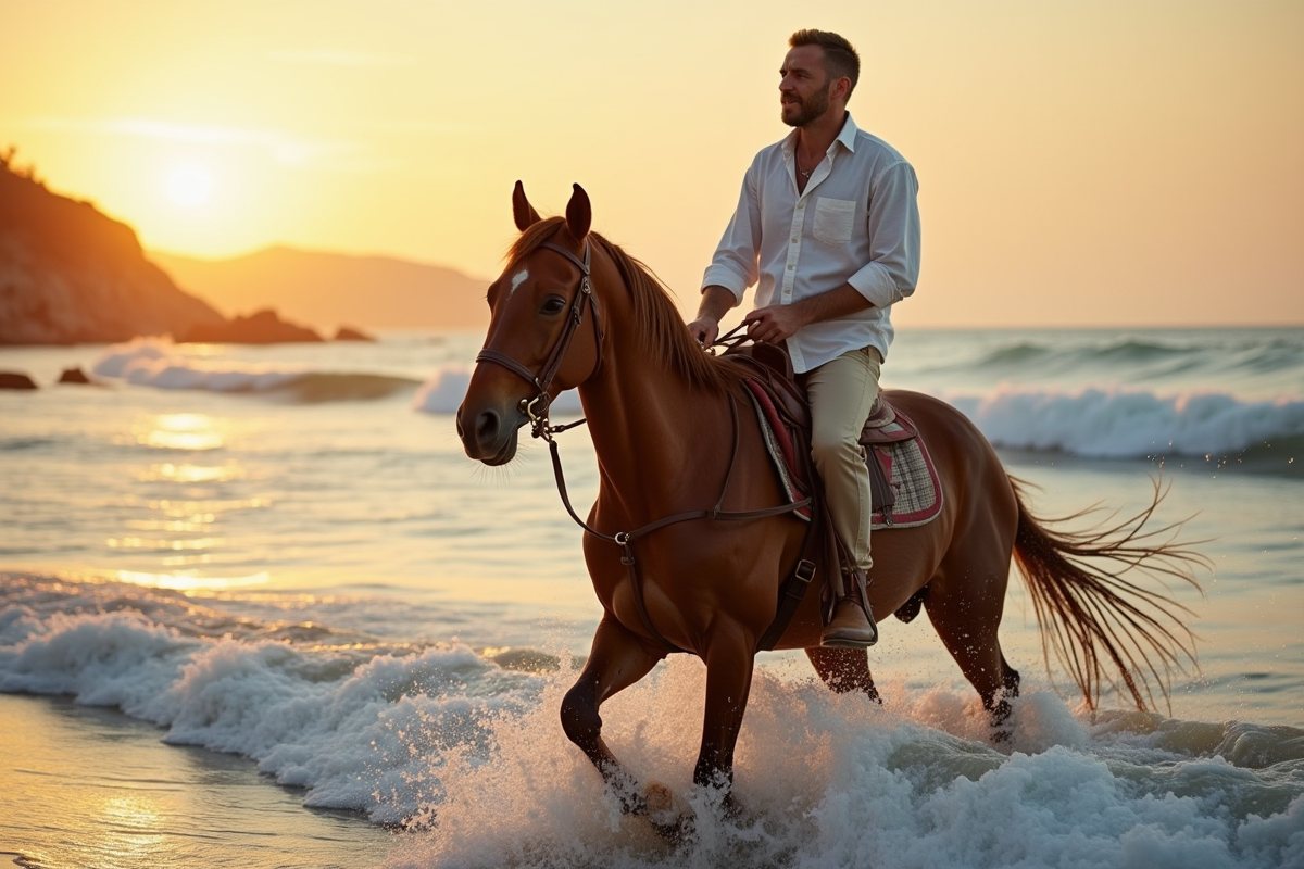 Homme guidant son cheval dans la mer au coucher du soleil