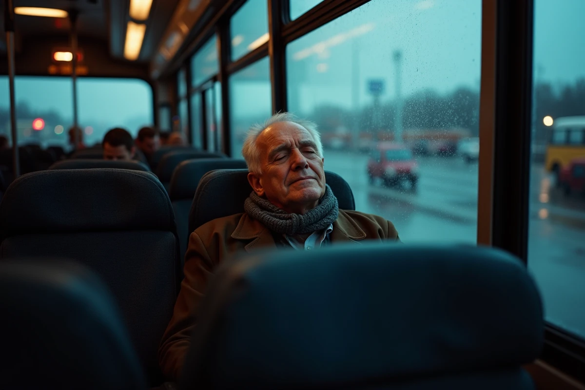 Homme âgé endormi dans un bus à l