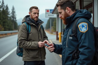 Homme au poste frontière examine un couteau pliant