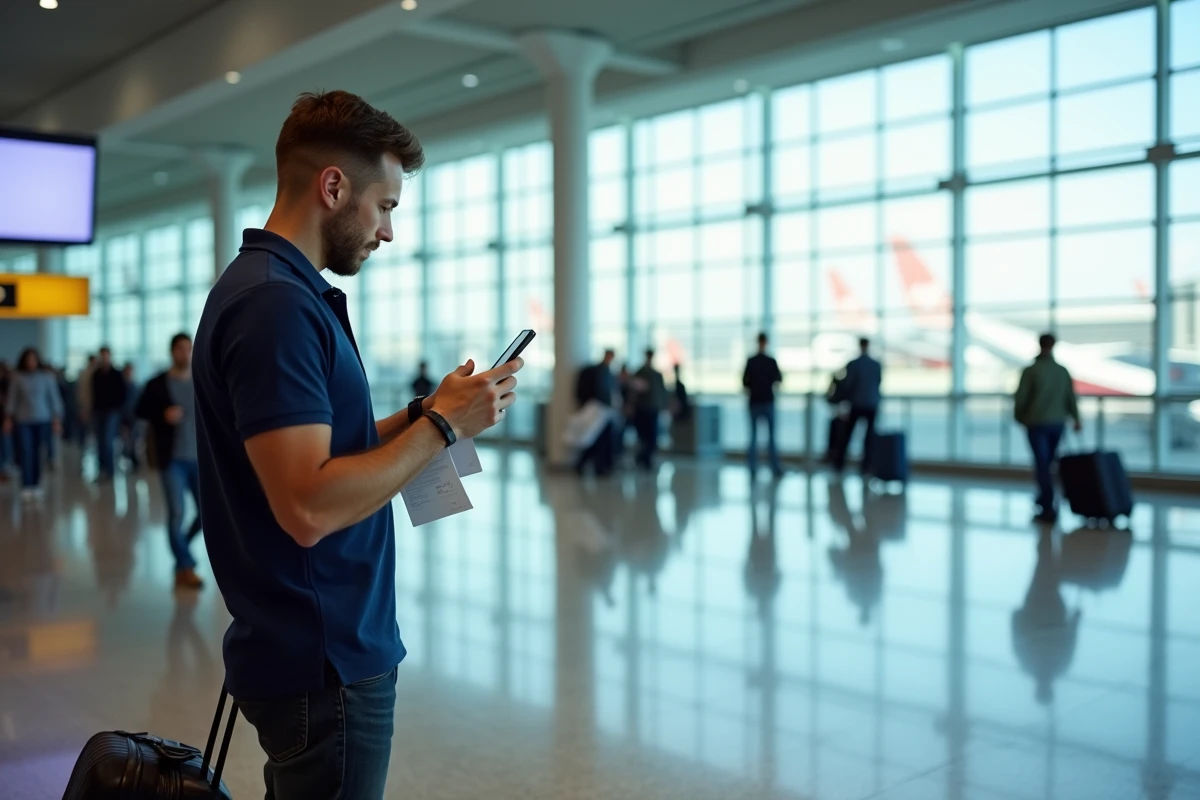 Homme consultant Google Flights sur smartphone dans un terminal d'aéroport international