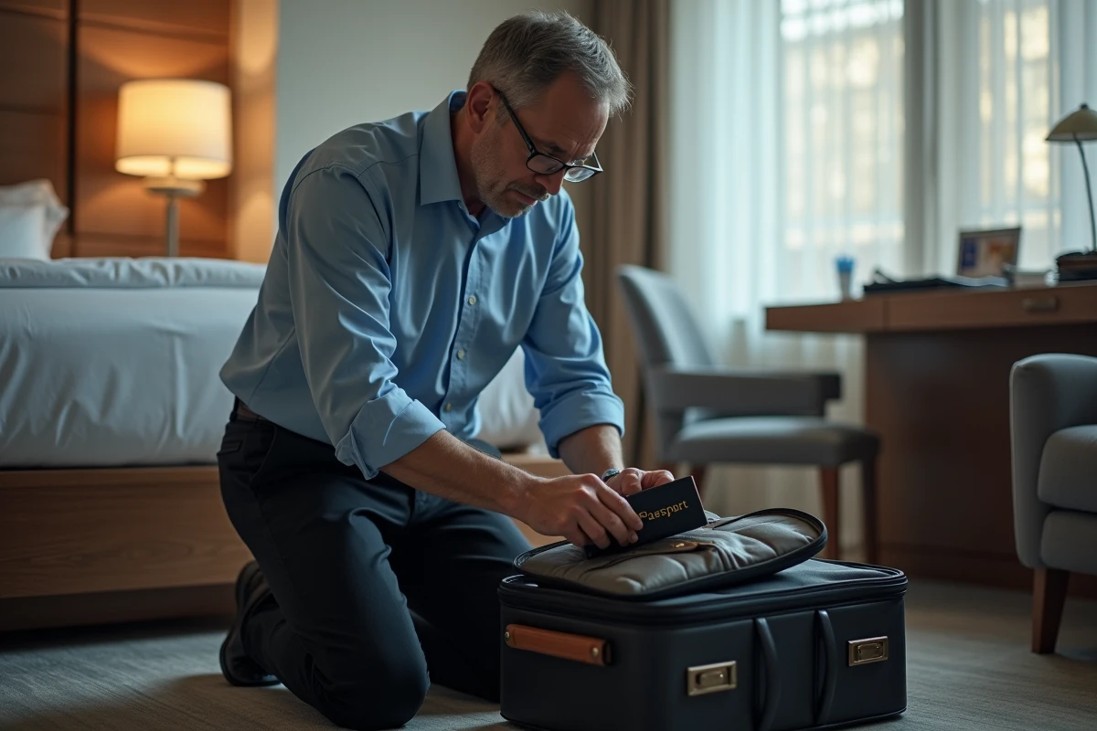 Homme vérifiant son passeport dans une chambre d