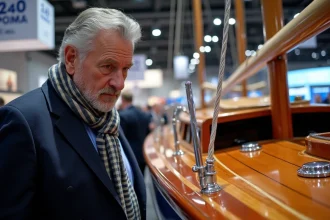 Homme en blazer navy et foulard inspectant un voilier à Paris
