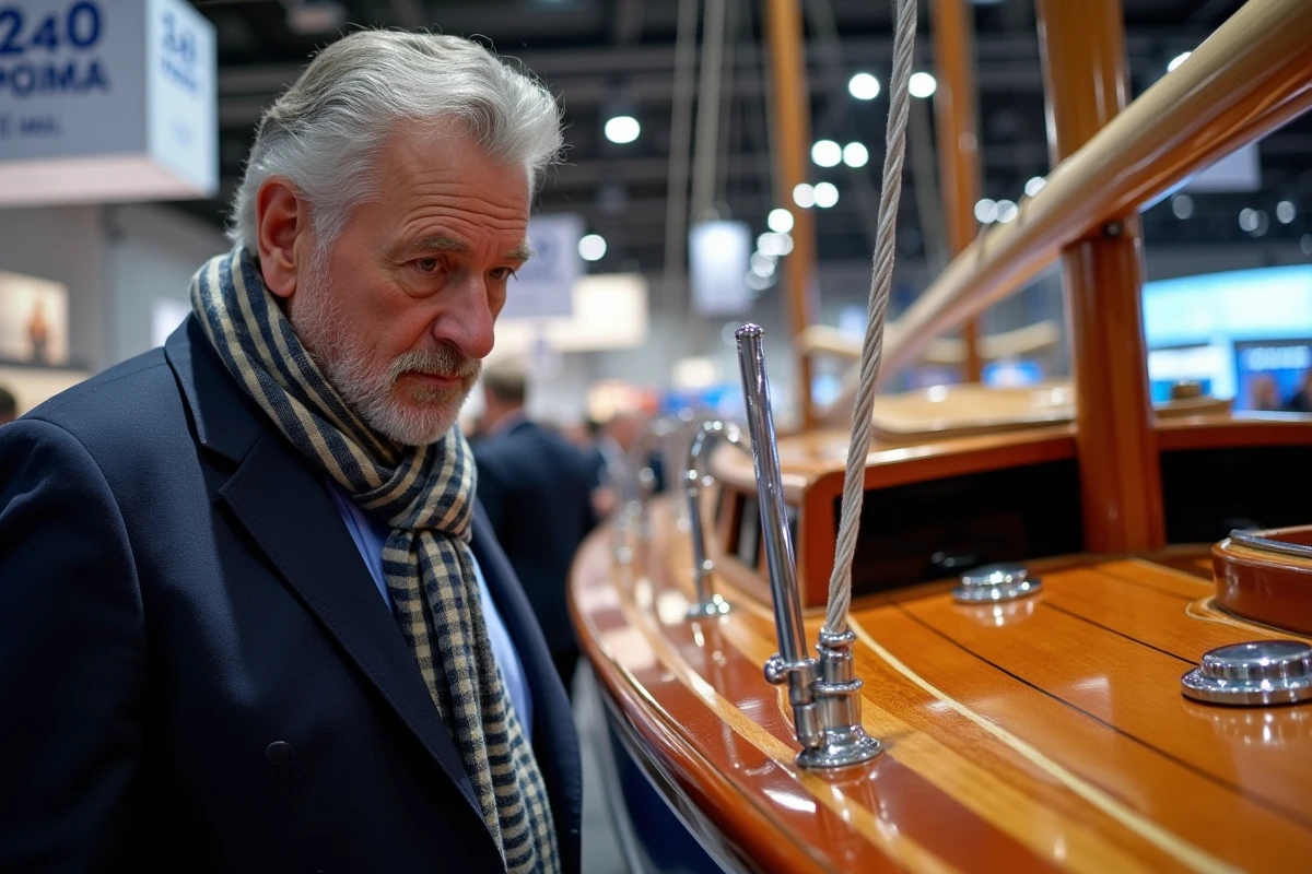 Homme en blazer navy et foulard inspectant un voilier à Paris