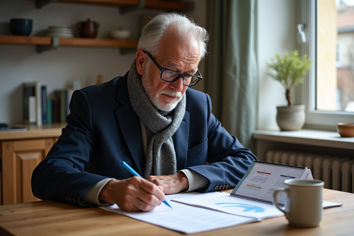 Homme âgé étudiant ses documents de résidence à la maison