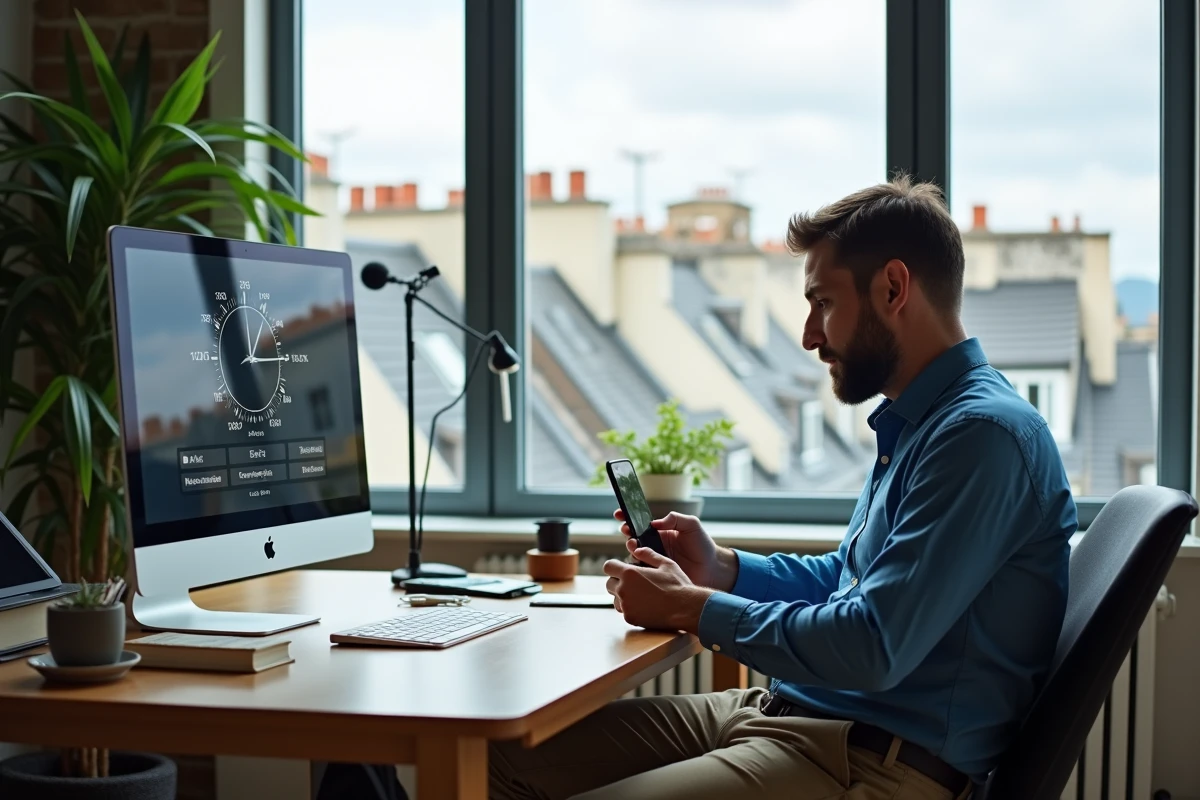 Homme européen au bureau avec vue sur Paris et horloge mondiale
