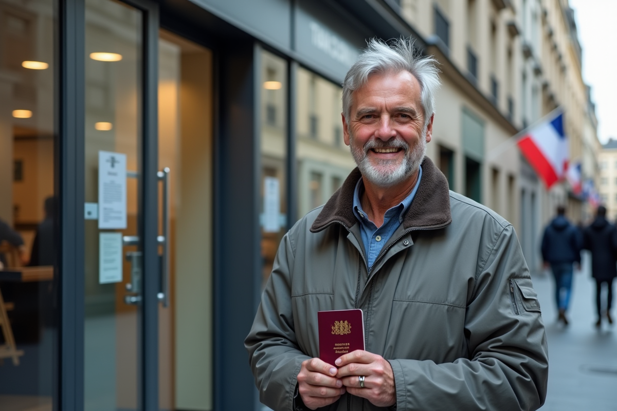 Homme souriant tenant son passeport devant un bureau moderne