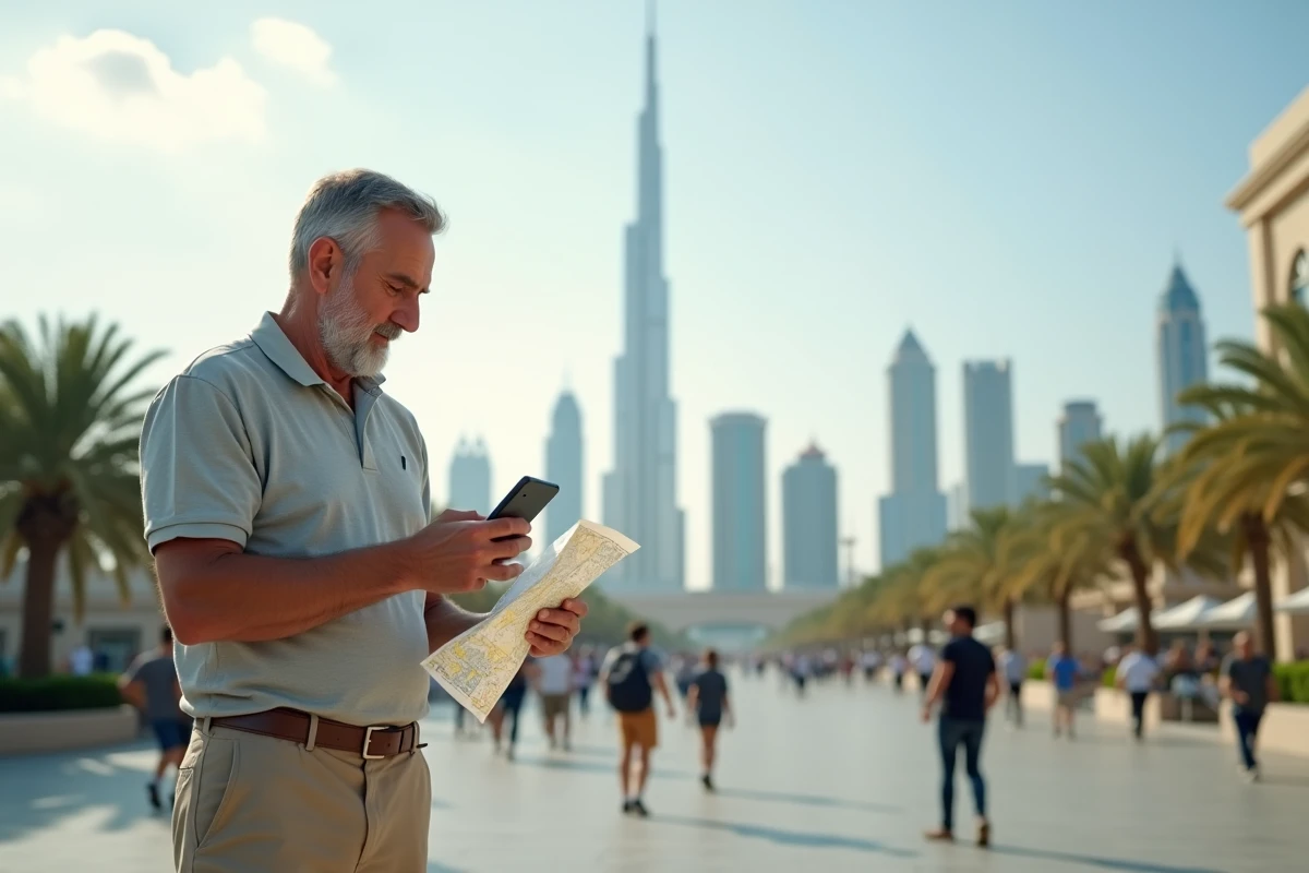 Homme avec carte et smartphone devant la skyline de Dubai