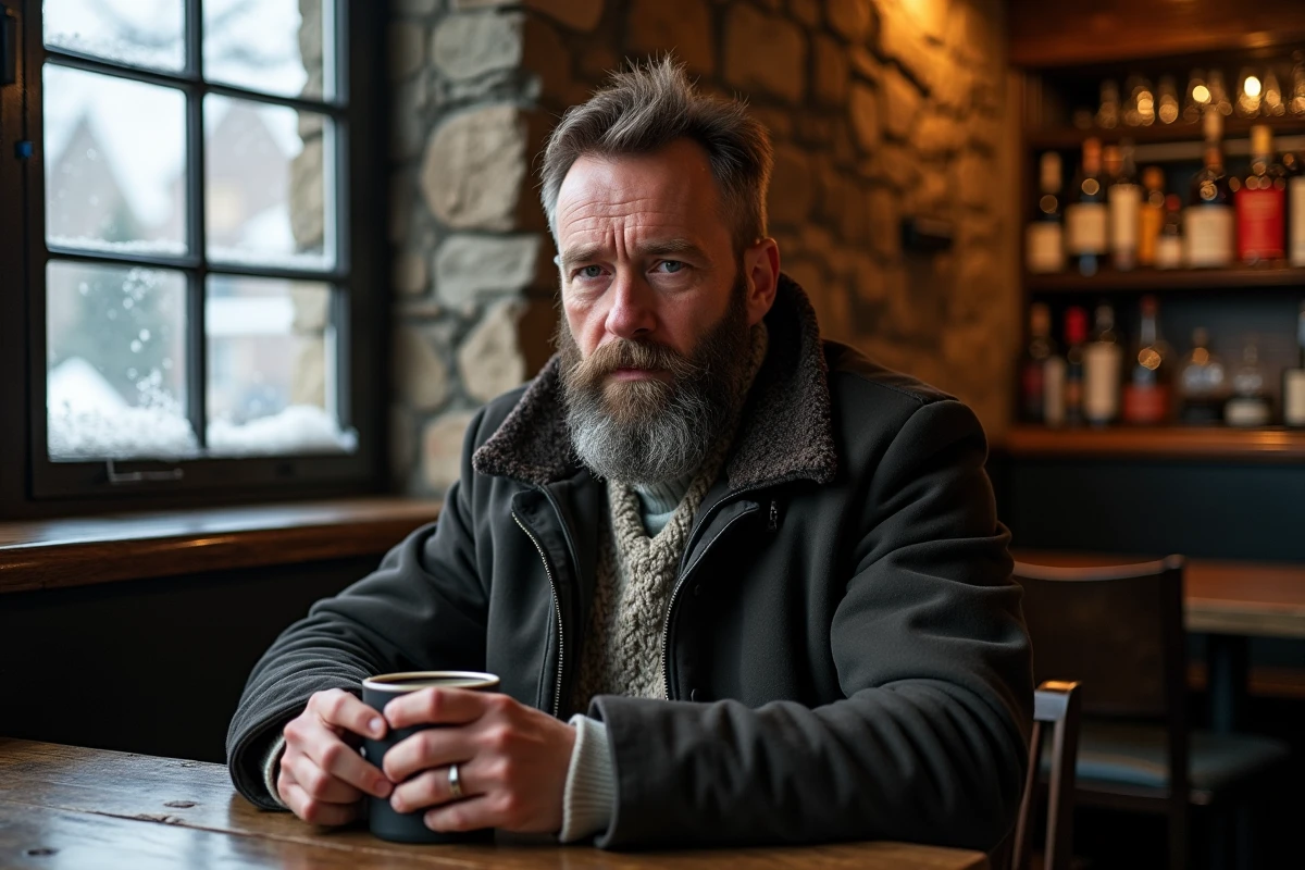 Homme barbu réchauffant ses mains autour d'une tasse dans un pub rustique des Highlands écossais en hiver, avec vue sur un village enneigé par la fenêtre