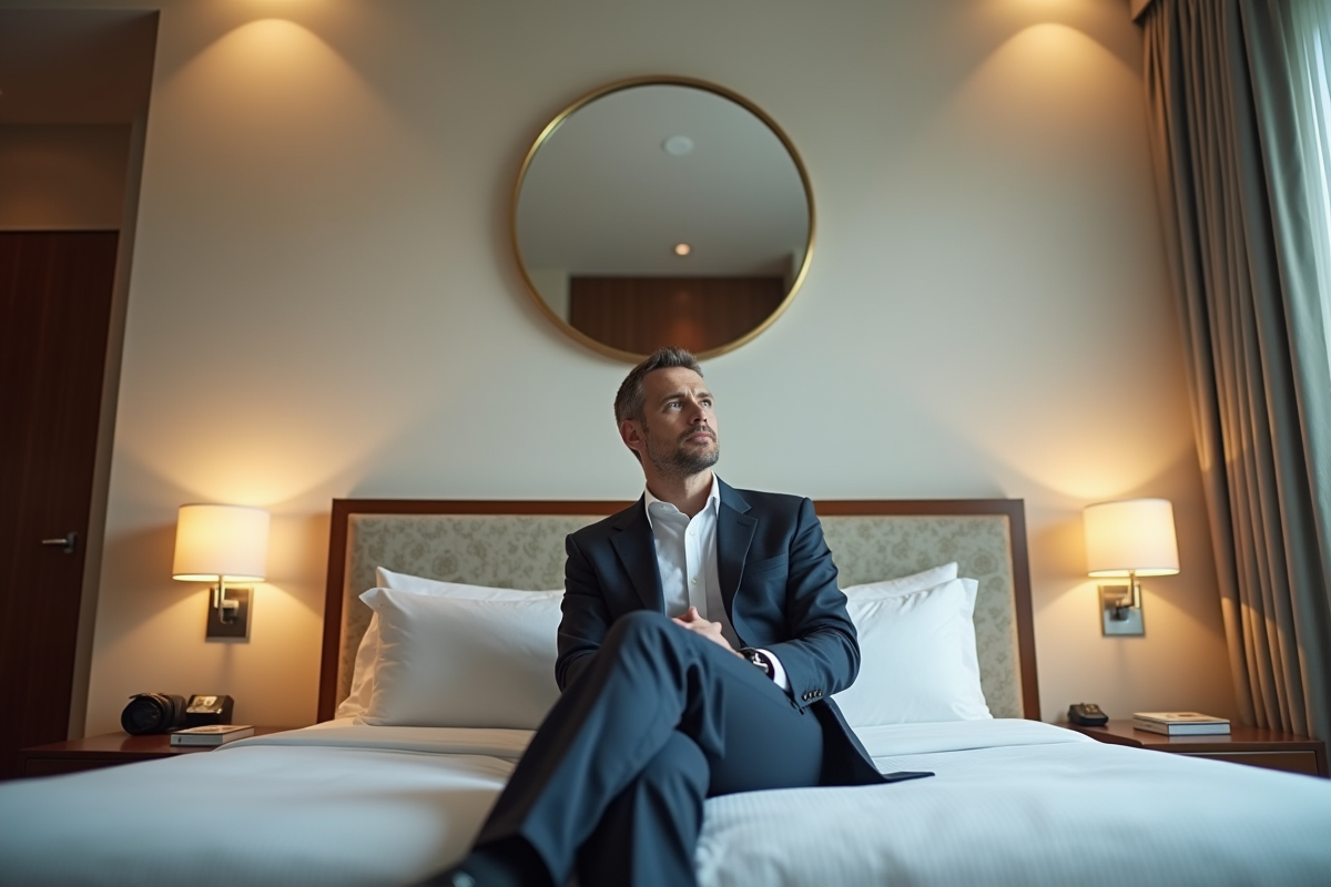 Homme d'affaires regardant son reflet dans un miroir au plafond