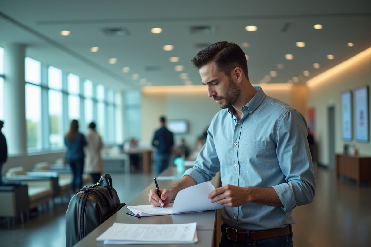 Homme remplissant un formulaire de visa dans un centre officiel