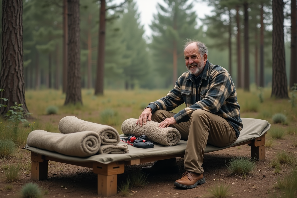 Homme assis sur un lit de camp en forêt avec couverture