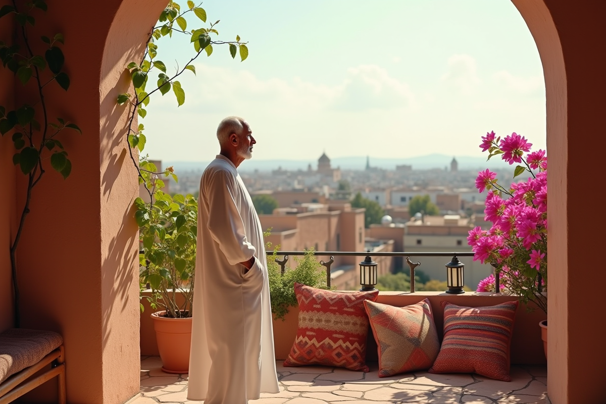 Homme âgé en djellaba dans un jardin de toit à Marrakech