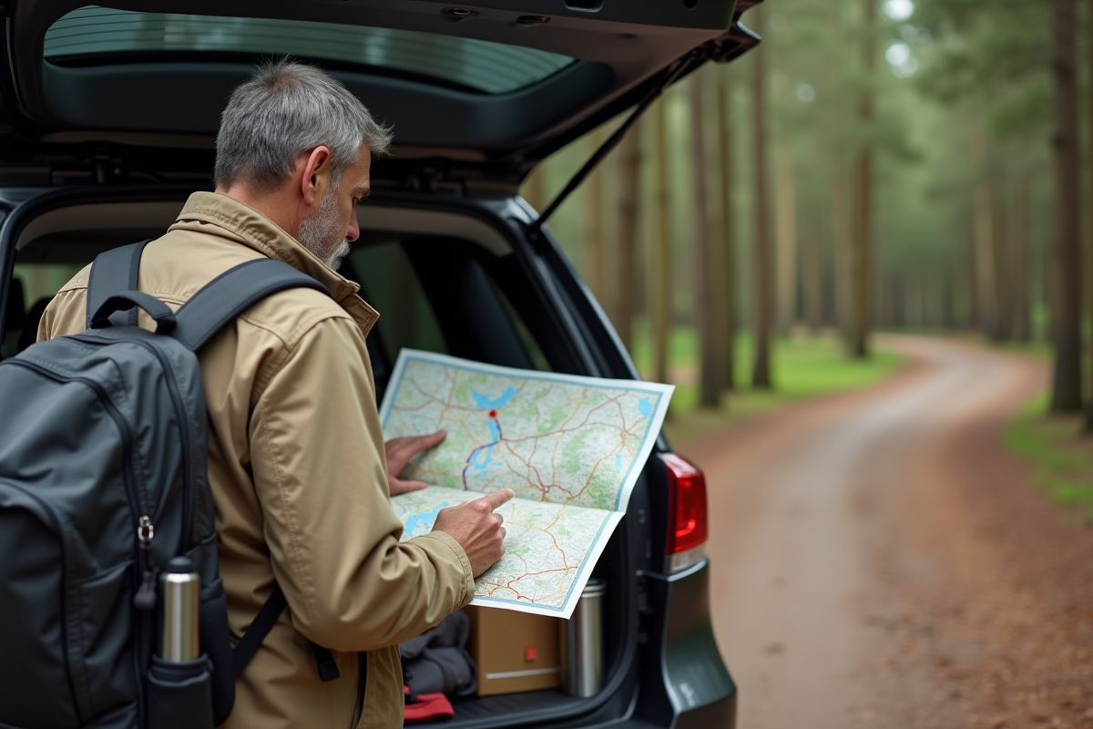 Homme planifiant itinéraire avec carte en plein air