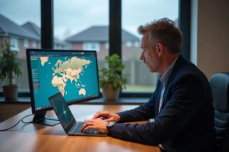 Homme d'âge moyen regardant son ordinateur pour suivre un vol