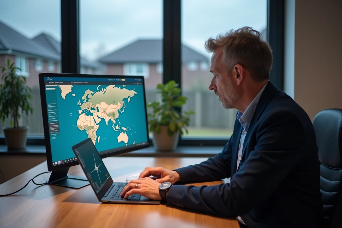 Homme d'âge moyen regardant son ordinateur pour suivre un vol