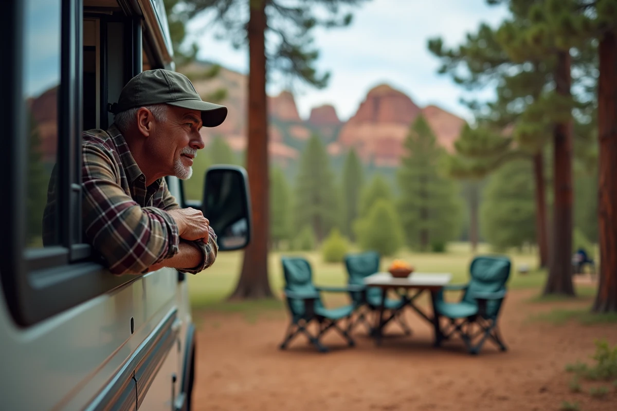 Homme relaxe à côté d’un camping-car en forêt avec roche rouge