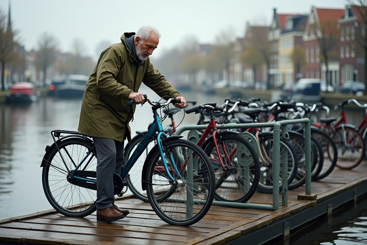 Homme âgé vérifie la chaîne de son vélo sur un quai à Amsterdam