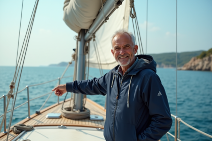 Homme d'âge moyen pointant vers l'avant du voilier