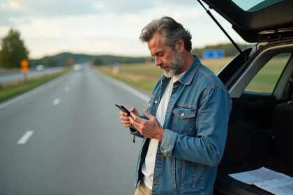 Homme d'âge moyen vérifiant son smartphone près de la voiture sur l'aire de repos